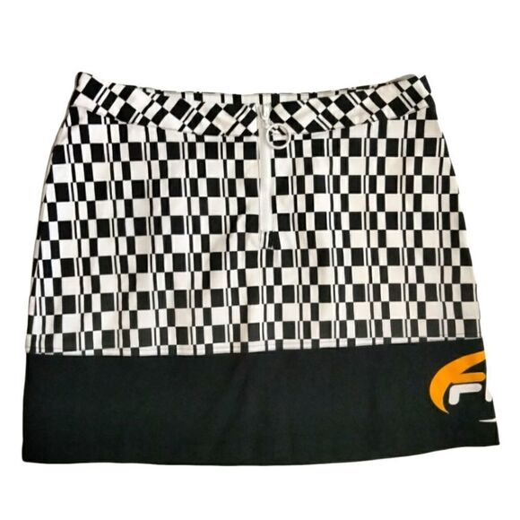 FILA Mini Skirt Black & White Checks with Yellow Size L Back Zipper - Picture 1 of 10